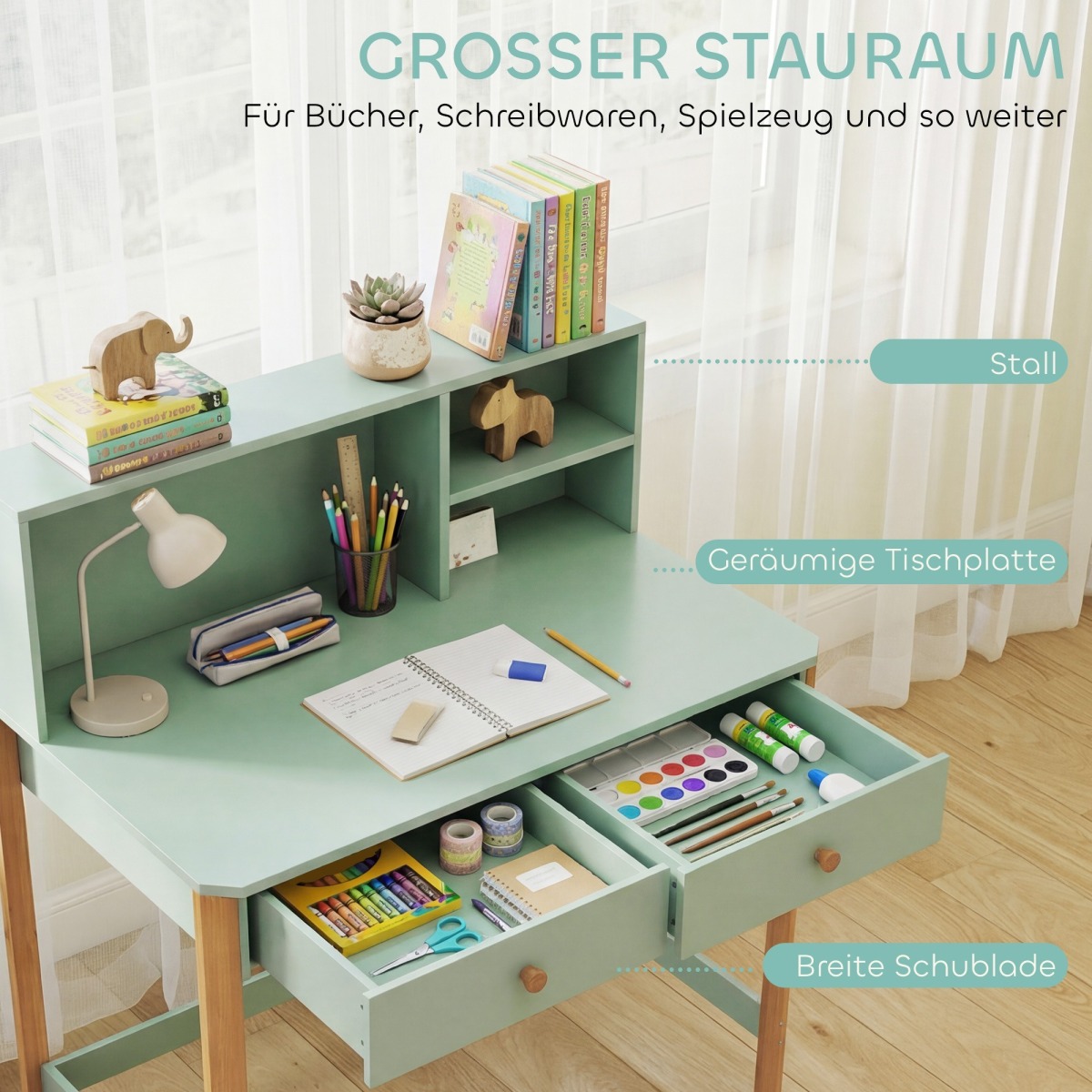 Zaļš bērnu rakstāmgalds ar atvilktni, plauktu un uzglabāšanas vietu, 90 cm | MIU Kids
