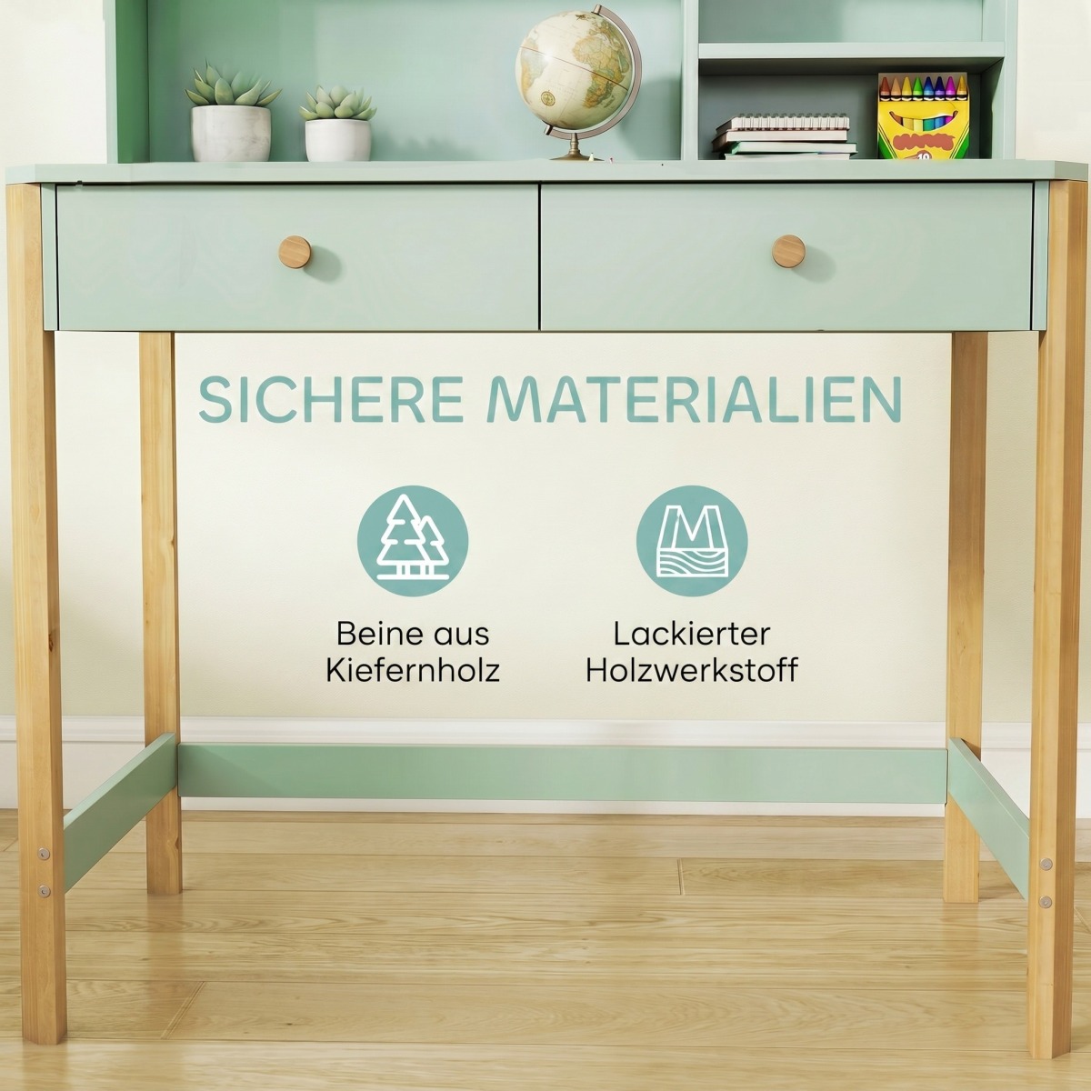 Zaļš bērnu rakstāmgalds ar atvilktni, plauktu un uzglabāšanas vietu, 90 cm | MIU Kids