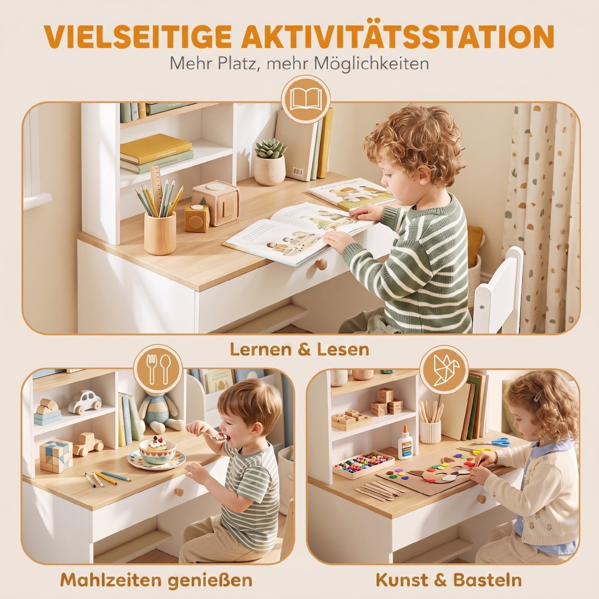 Balts bērnu rakstāmgalds ar atvilktni, grāmatu plauktu un uzglabāšanas vietu | MIU Kids