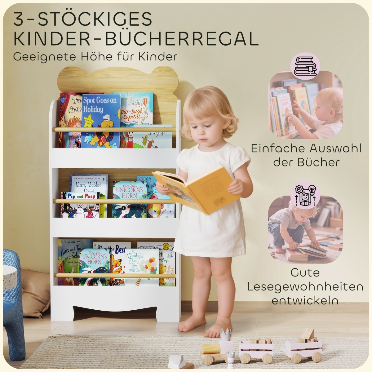 Lācēna formas bērnu grāmatu plaukts ar 3 plauktiem, dabīgā koka krāsā | MIU Kids