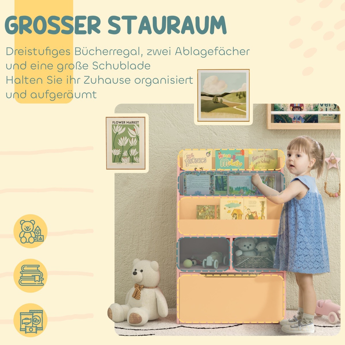 Rozā bērnu grāmatu plaukts ar atvilktni, 60 × 29.9 × 90 cm | MIU Kids
