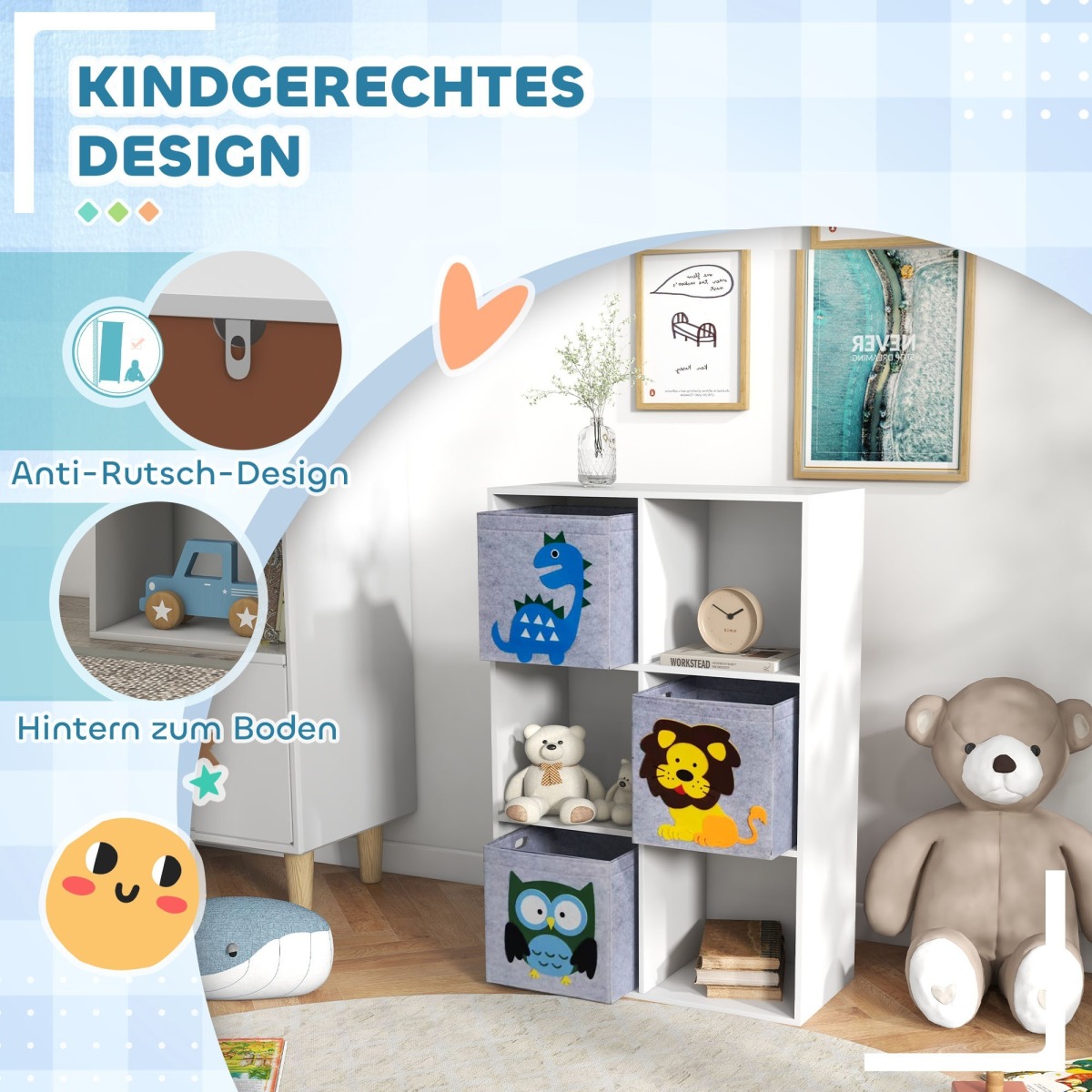Balts bērnu plaukts ar 6 kubveida nodalījumiem un 3 atvilktnēm | MIU Kids
