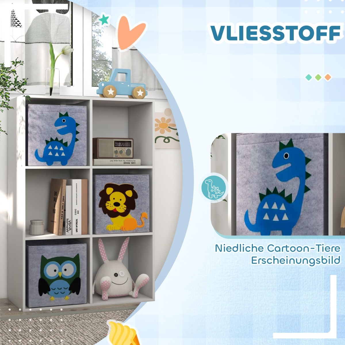 Balts bērnu plaukts ar 6 kubveida nodalījumiem un 3 atvilktnēm | MIU Kids