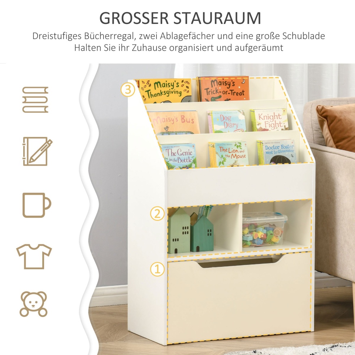 Balts bērnu grāmatu plaukts ar atvilktni, 60 × 29.9 × 90 cm | MIU Kids