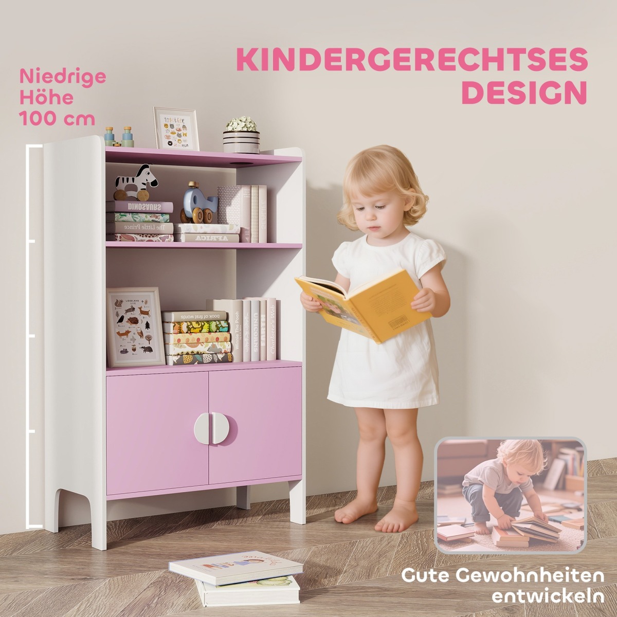 Rozā un balts bērnu grāmatu plaukts ar 2 skapīšiem | MIU Kids