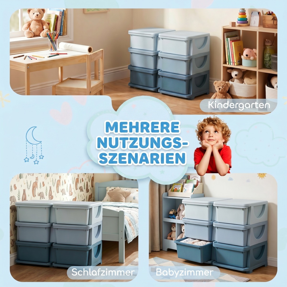 Zila bērnu uzglabāšanas mēbele ar 6 atvilktnēm, 75 × 37 × 56.5 cm