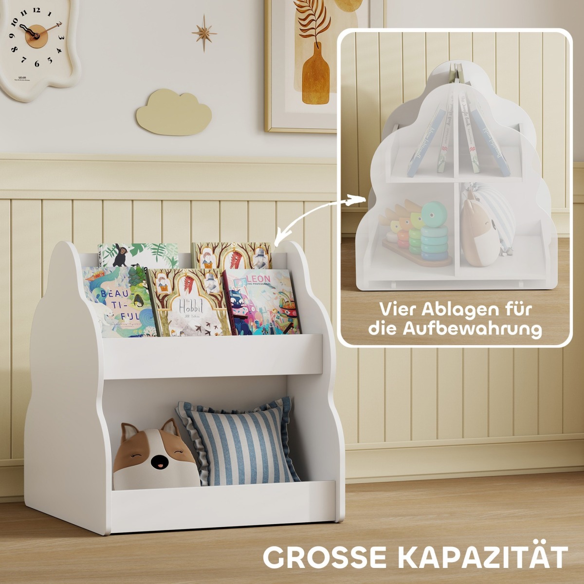 Valge laste raamaturiiul ratastel, 4 riiuliga, 54 × 50 × 56 