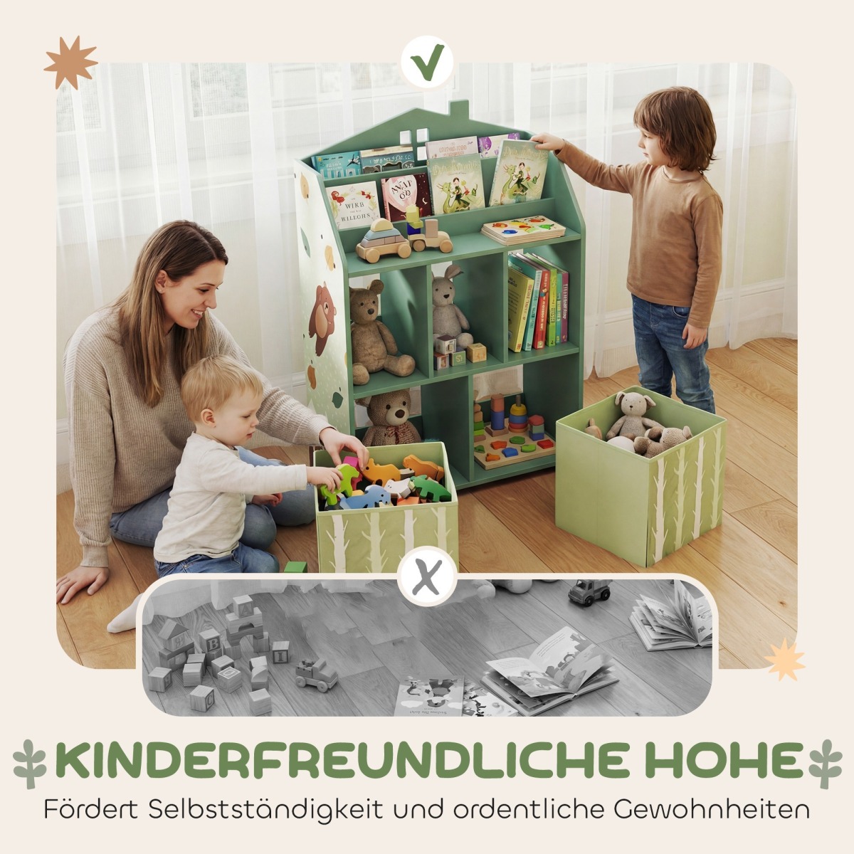 Bērnu grāmatu plaukts Green House ar 2 auduma atvilktnēm, 91.5 cm | MIU Kids