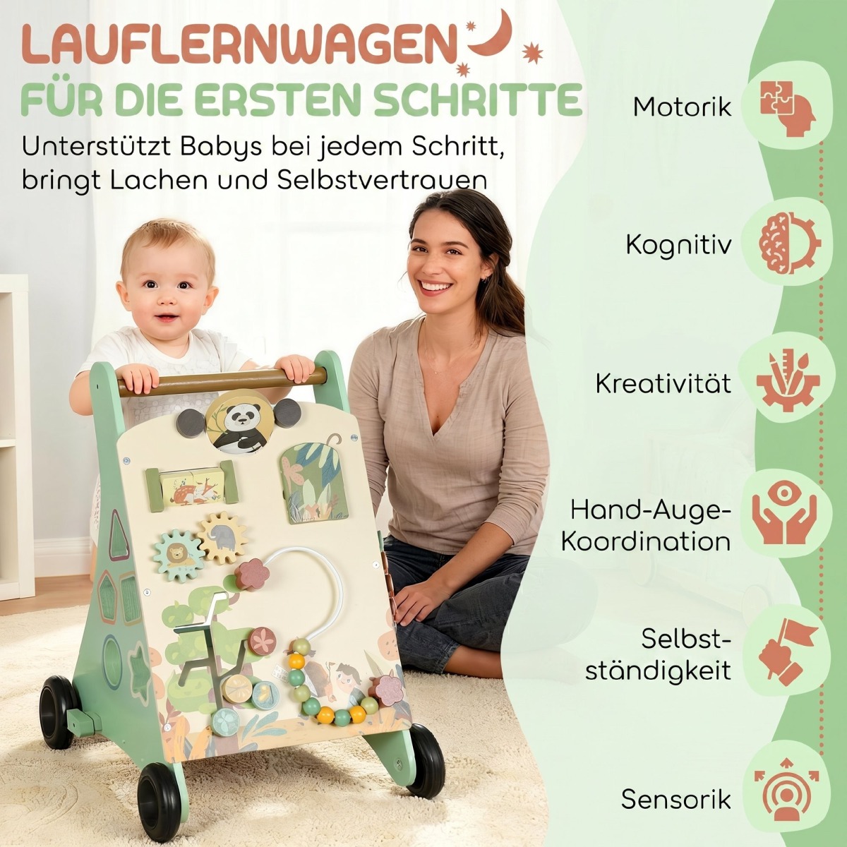 Roheline koka käimiskäru reguleeritava kiiruse ja tegevusmän