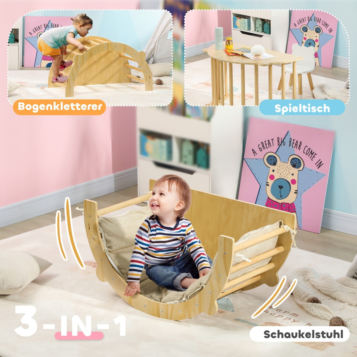3 vienā: kāpelēšanas arka, kāpnes un šūpuļkrēsls ar 9 cm biezu spilvenu