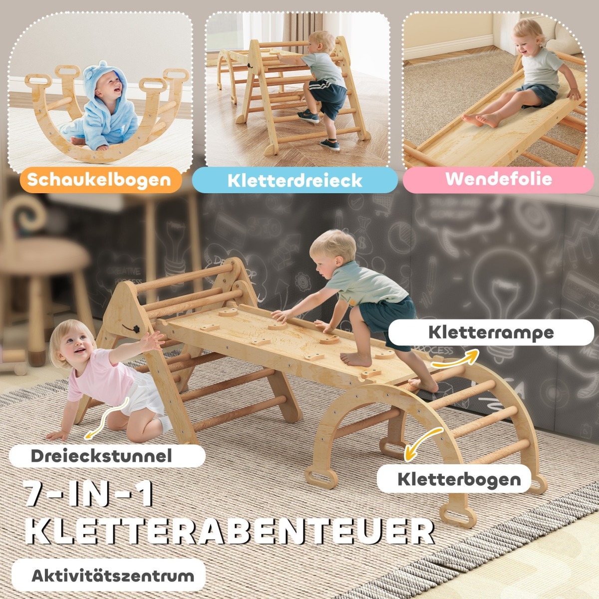 Kokkupandav laste 7-ühes ronimisraam liumäe ja ronimisseinag