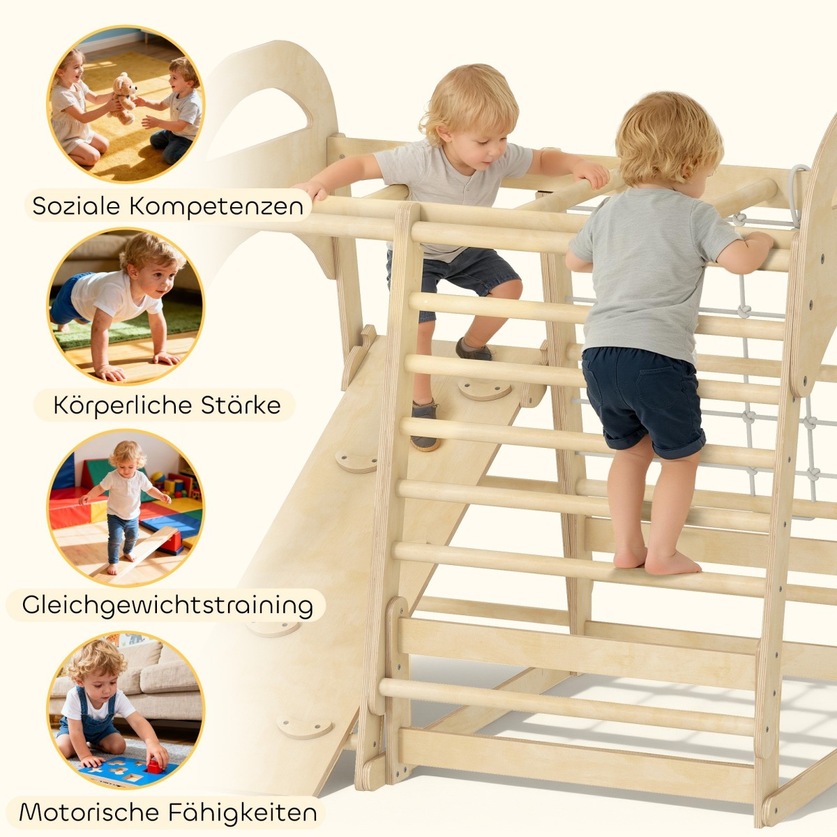 Koka 6-in-1 kāpšanas rāmis lietošanai telpās ar slidkalniņu un tīklu, 3–6 gadiem