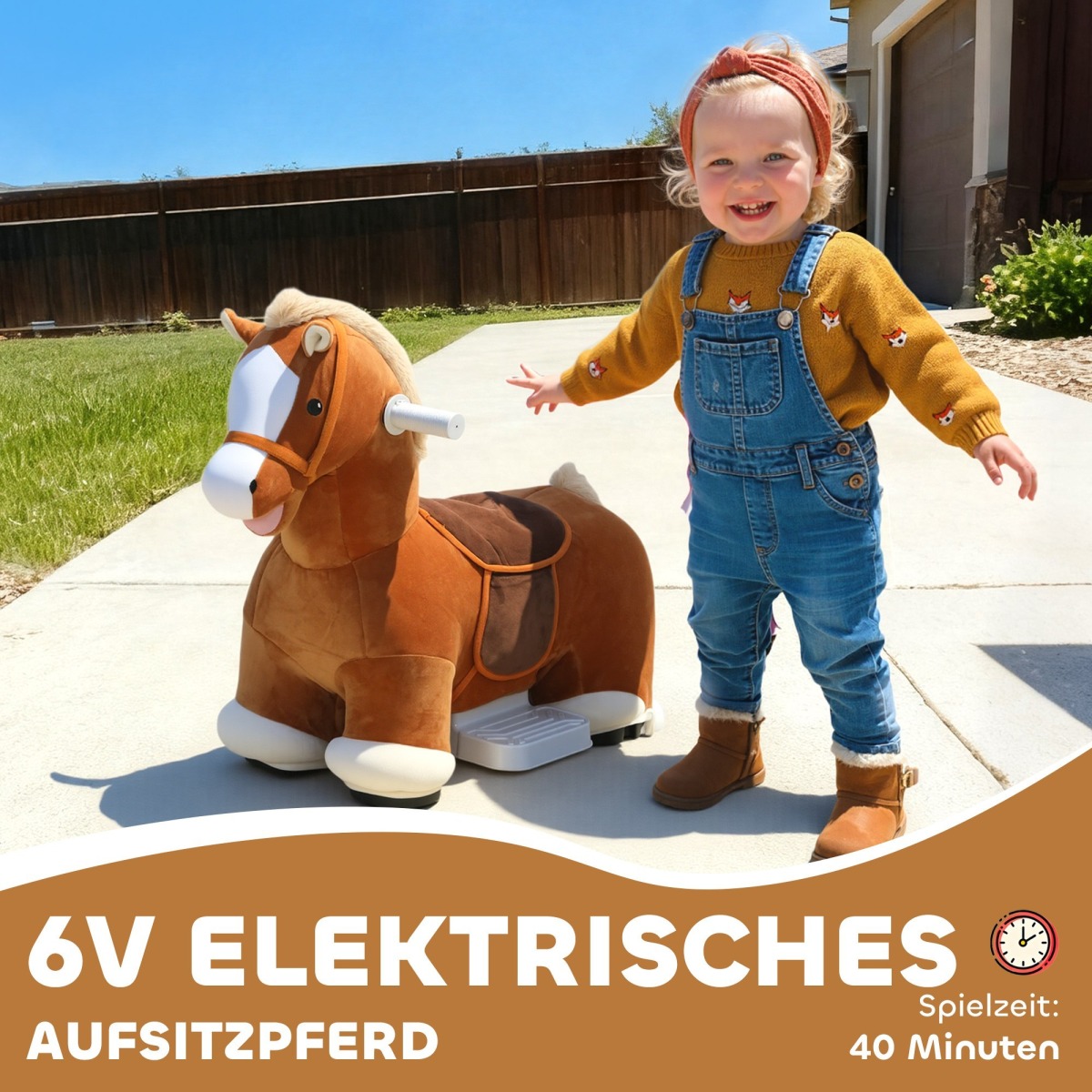 Brūns elektriskais zirgs jāšanai ar mūziku
