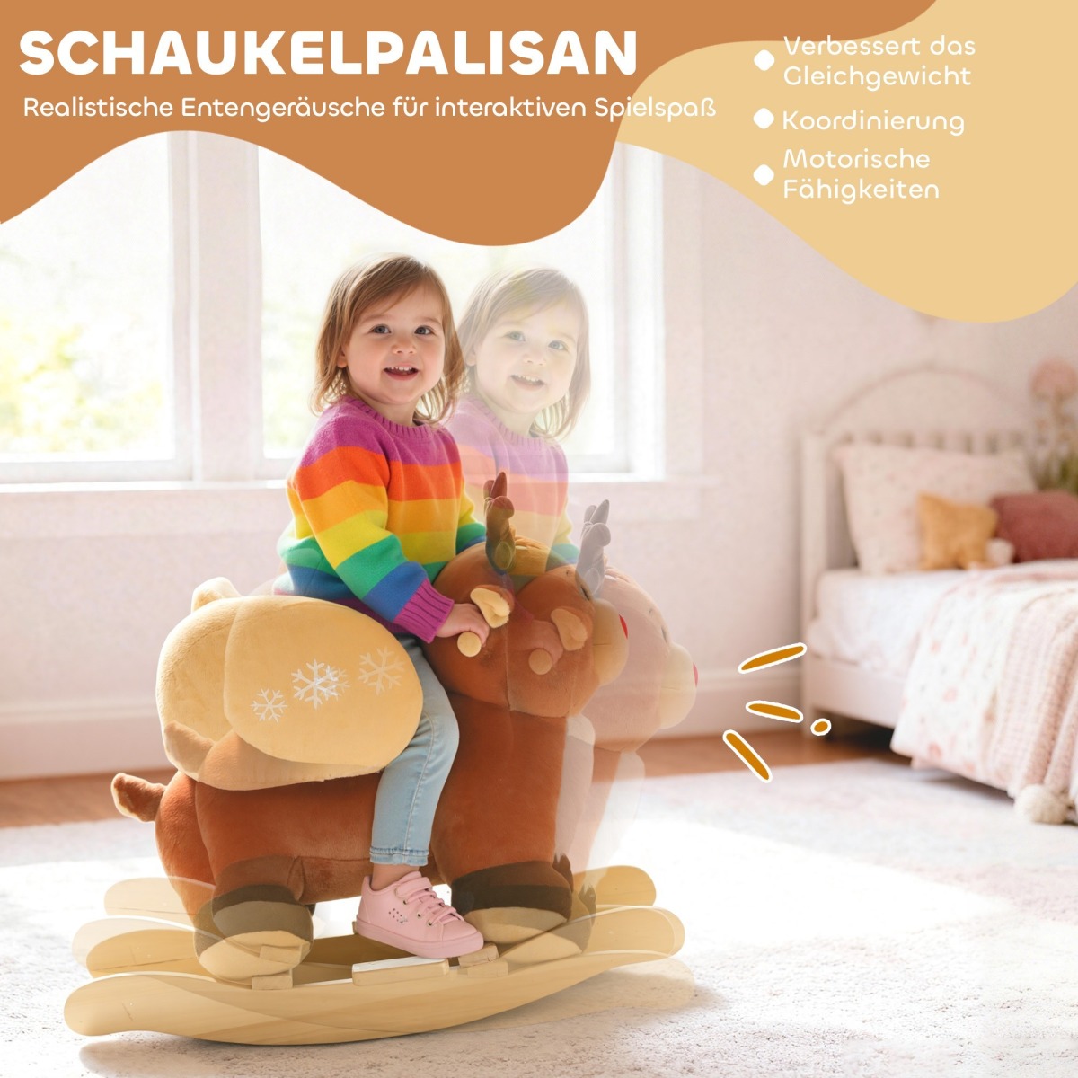 Põhjapõdrakujuline kiikloom hällilauludega bērniem vanuses 1