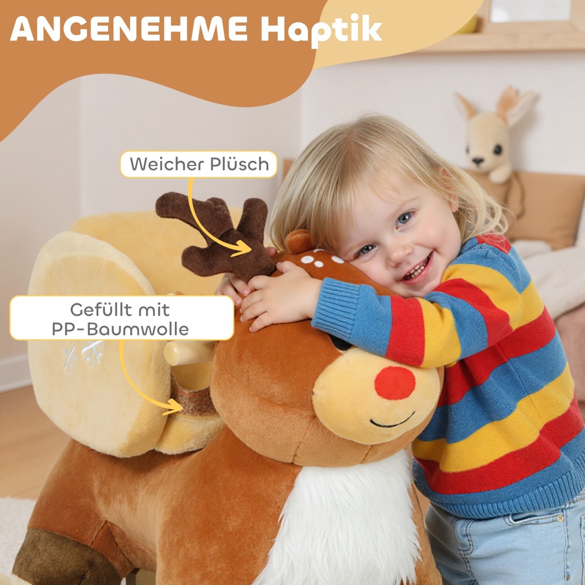 Põhjapõdrakujuline kiikloom hällilauludega bērniem vanuses 1