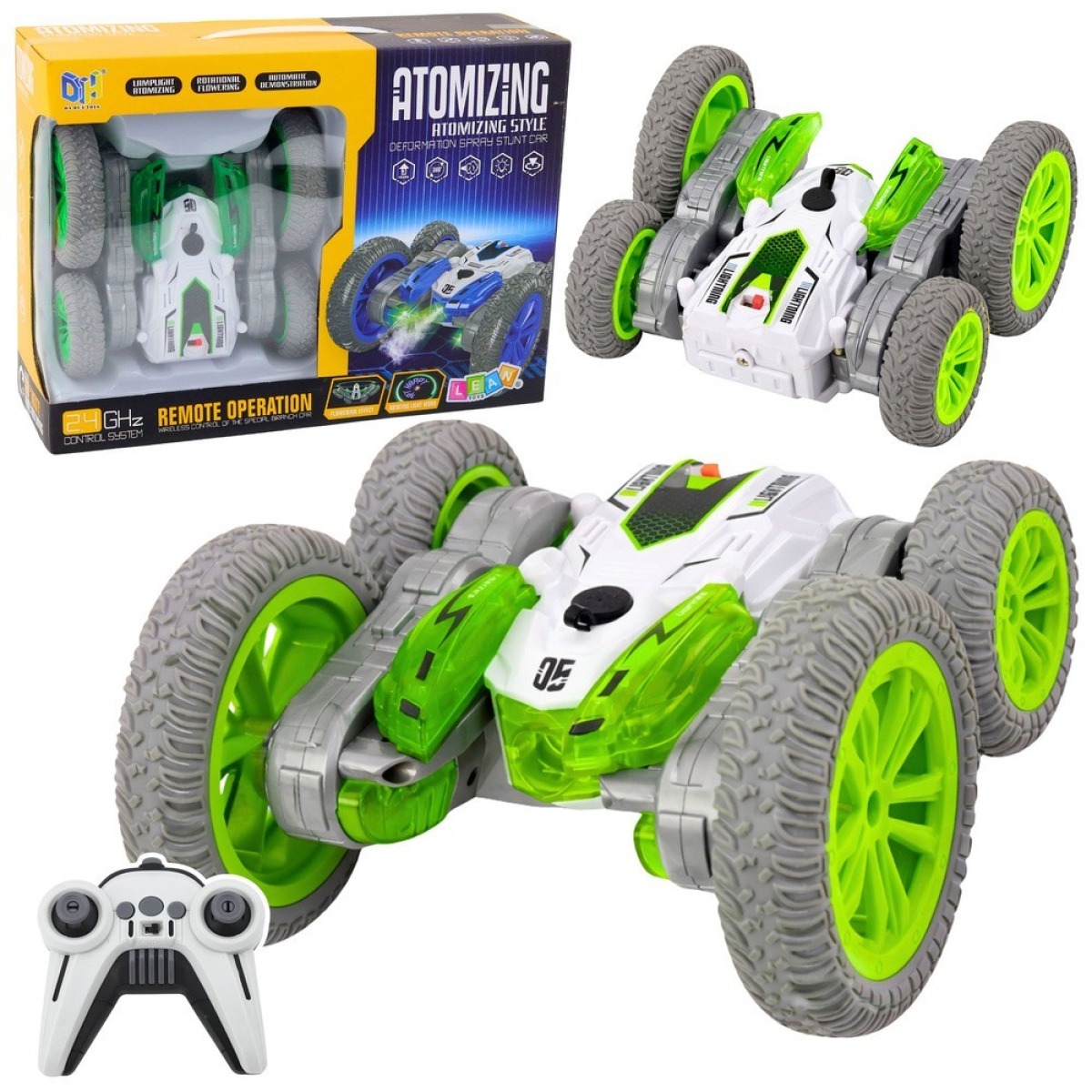 Zaļš triku auto ar tālvadību, gaismām un 360° trikiem
