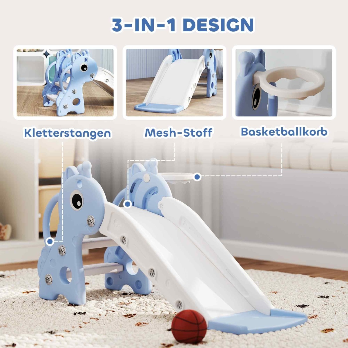 Zils 3-in-1 bērnu slidkalniņš ar basketbola grozu un bumbu