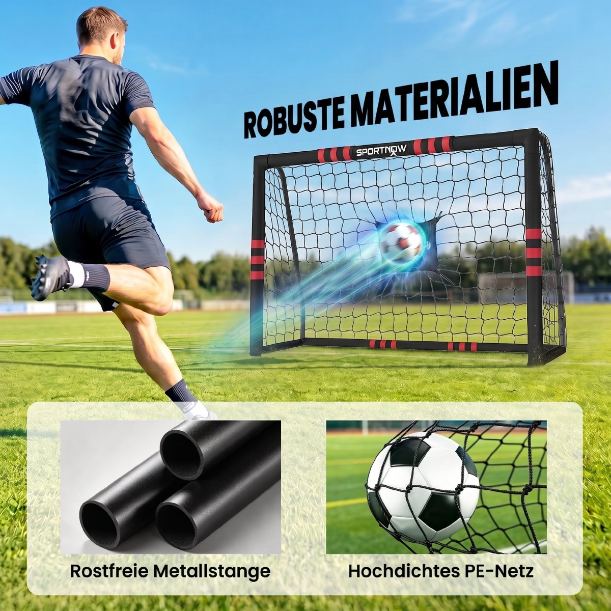 Futbola vārti 1,8 × 1,2 m ar tīklu un zemē iespraužamiem stiprinājumiem