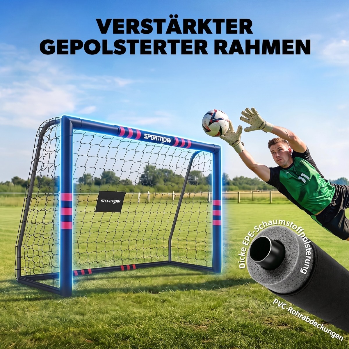 Futbola vārti 1,8 × 1,2 m ar tīklu un zemē iespraužamiem stiprinājumiem