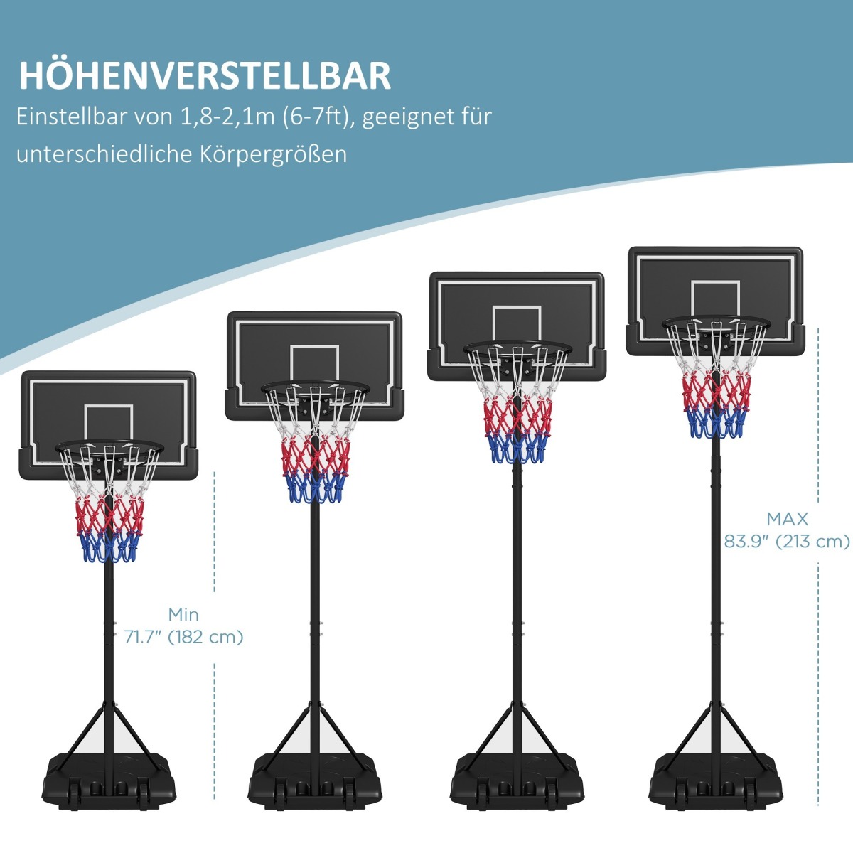 Reguleeritava kõrgusega mobiilne korvpallikorv, 1,82–2,13 m,