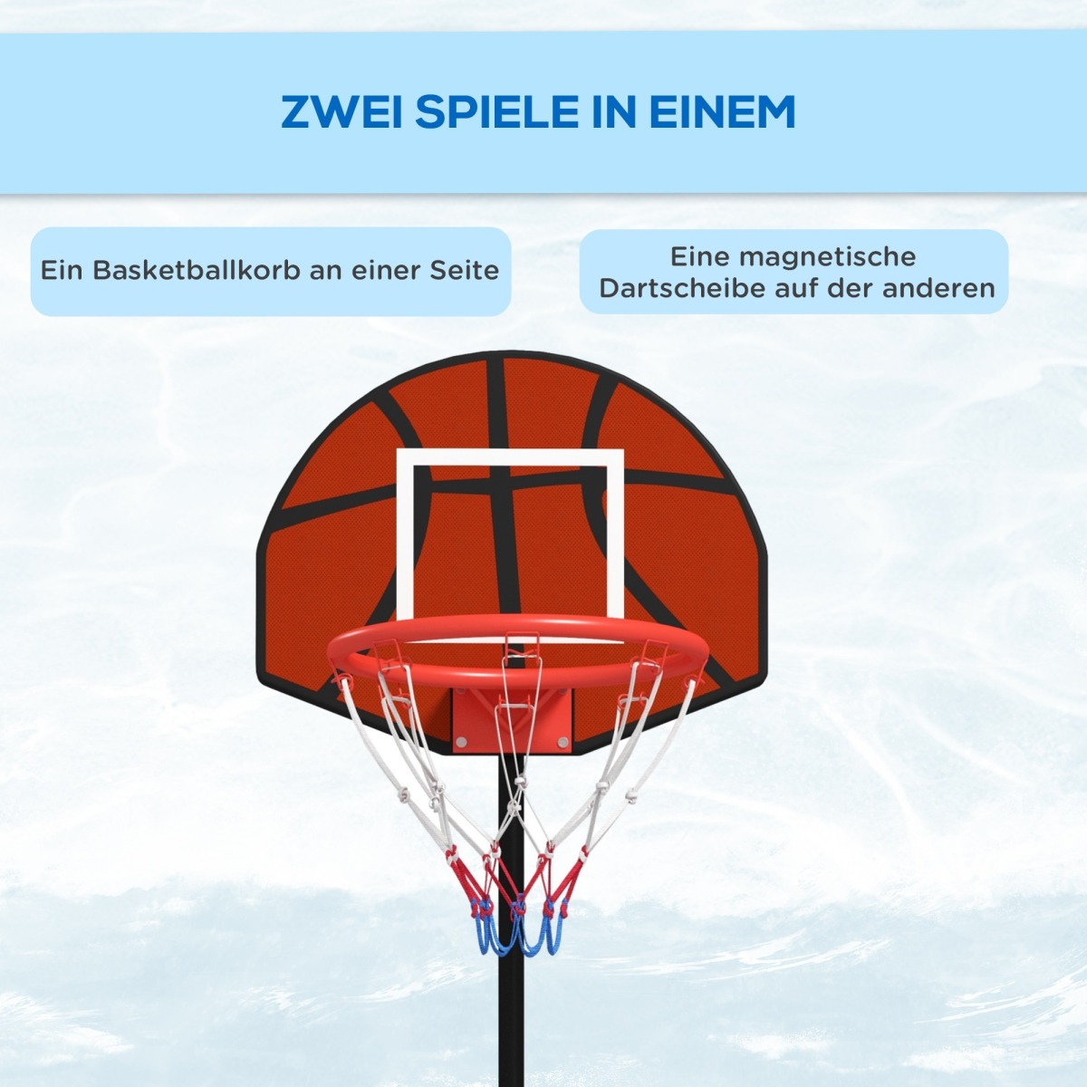 Melns basketbola grozs ar regulējamu augstumu un magnētisko šautriņu mērķi