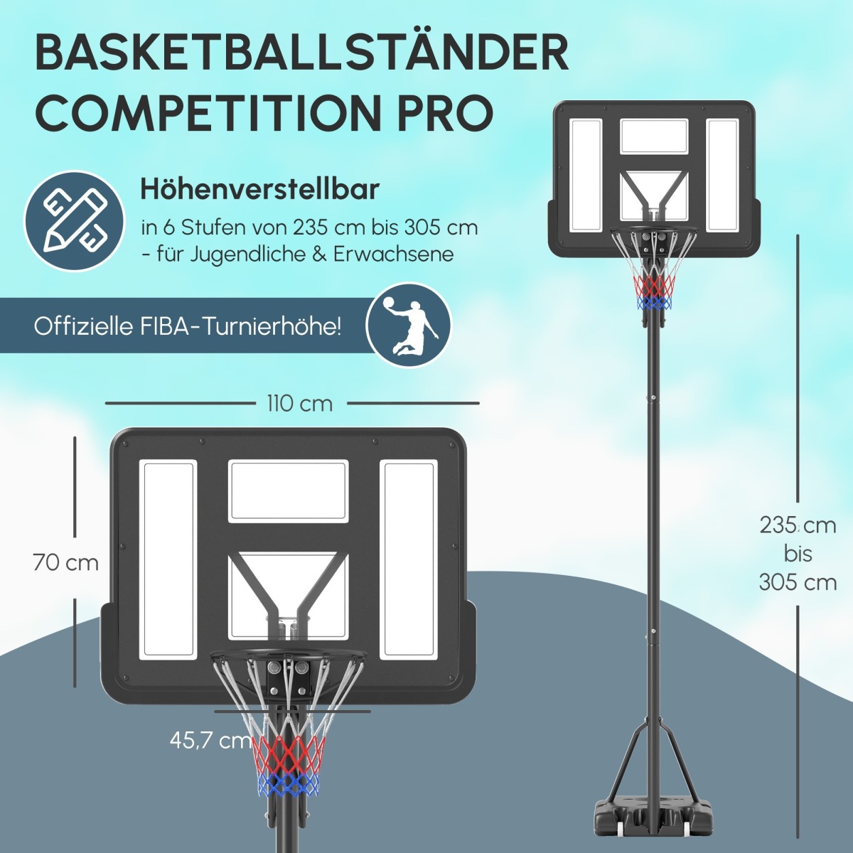 Regulējama augstuma basketbola grozs ar riteņiem