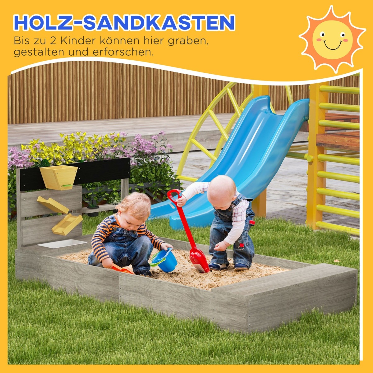 Pelēka smilšu kaste ar izlietni un 2 puķu kastēm