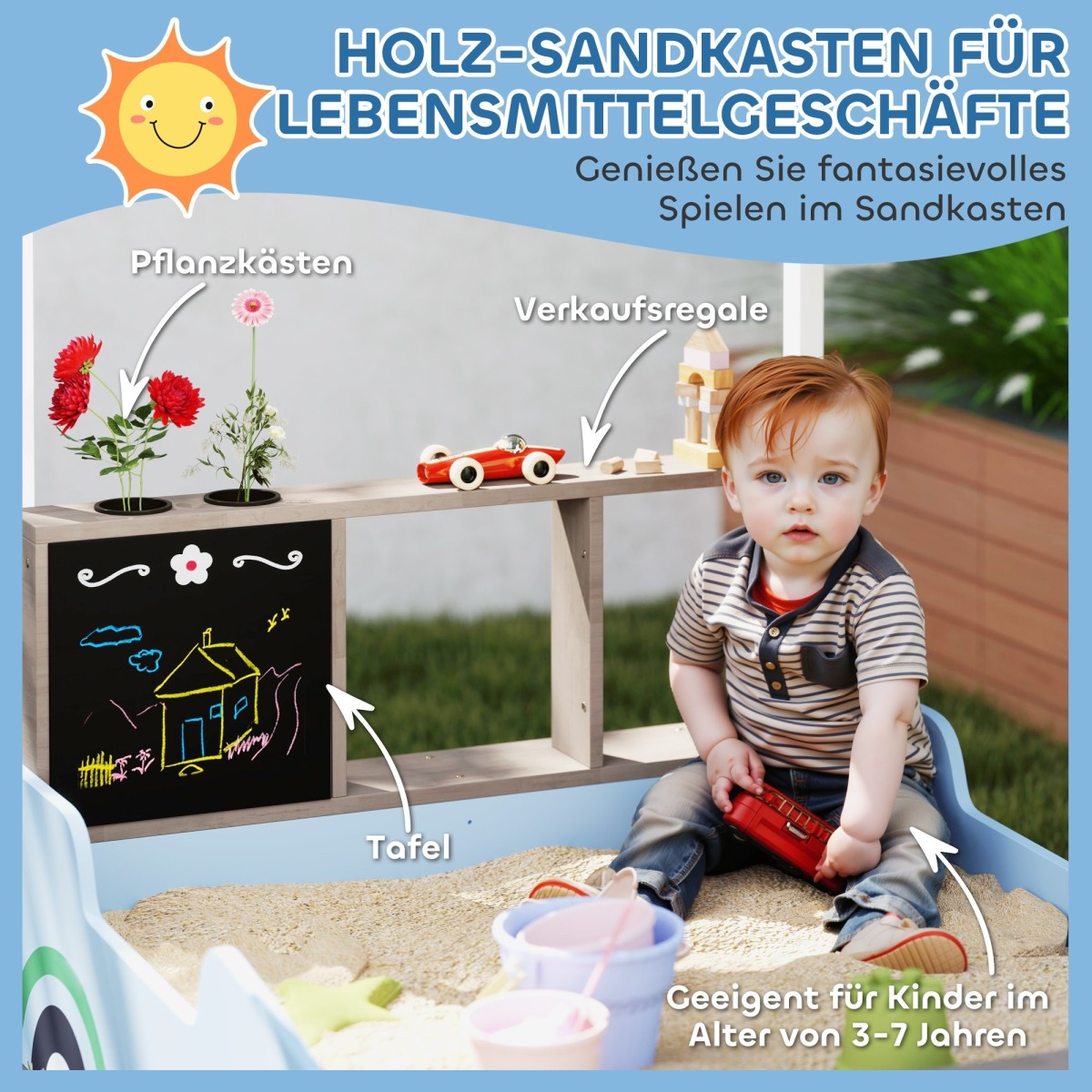 Sinine koka liivakast varikatuse, pingi ja joonistustahvliga
