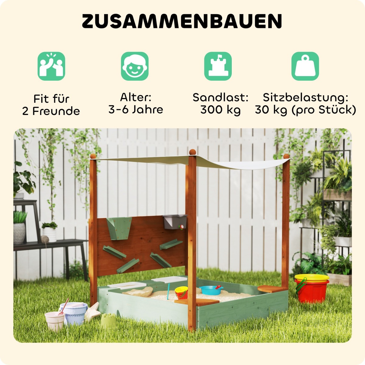 Roheline kuusekoka laste liivakast päikesevarju ja 2 hoiukas