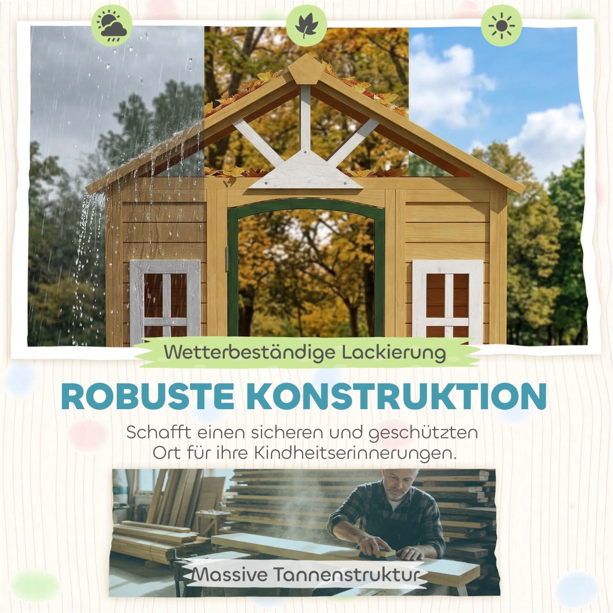 Pruun koka laste mängumaja ukse, 3 akna ja 2 lillekastiga, 1