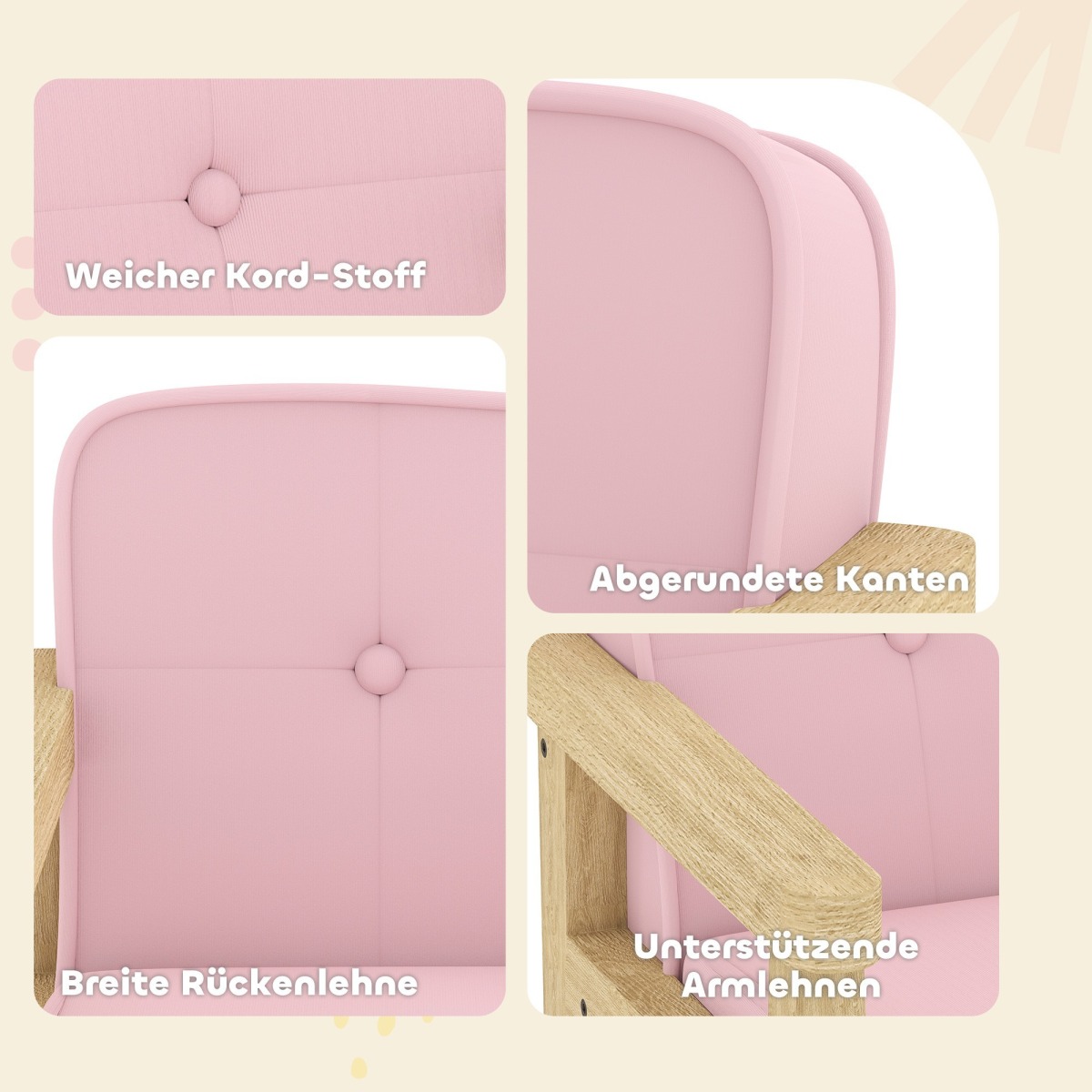 Roosa laste tugitool koka jalgadega