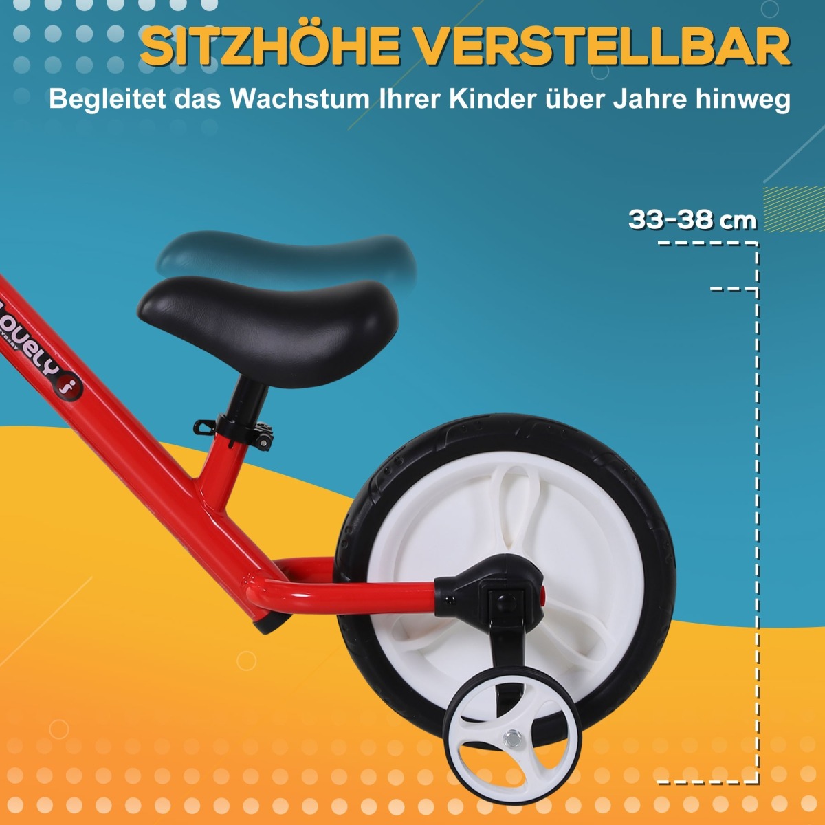 Sarkans bērnu velosipēds 4 vienā ar stabilizatoriem un pedāļiem