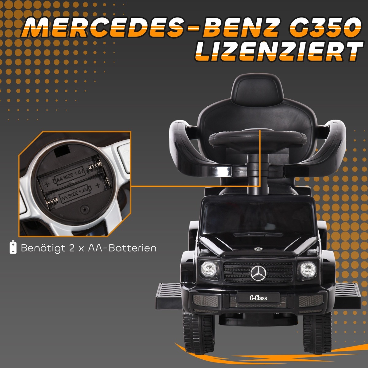 Mercedes-Benz G350 3-in-1 bērnu braucamā mašīna ar stumšanas rokturi, melna