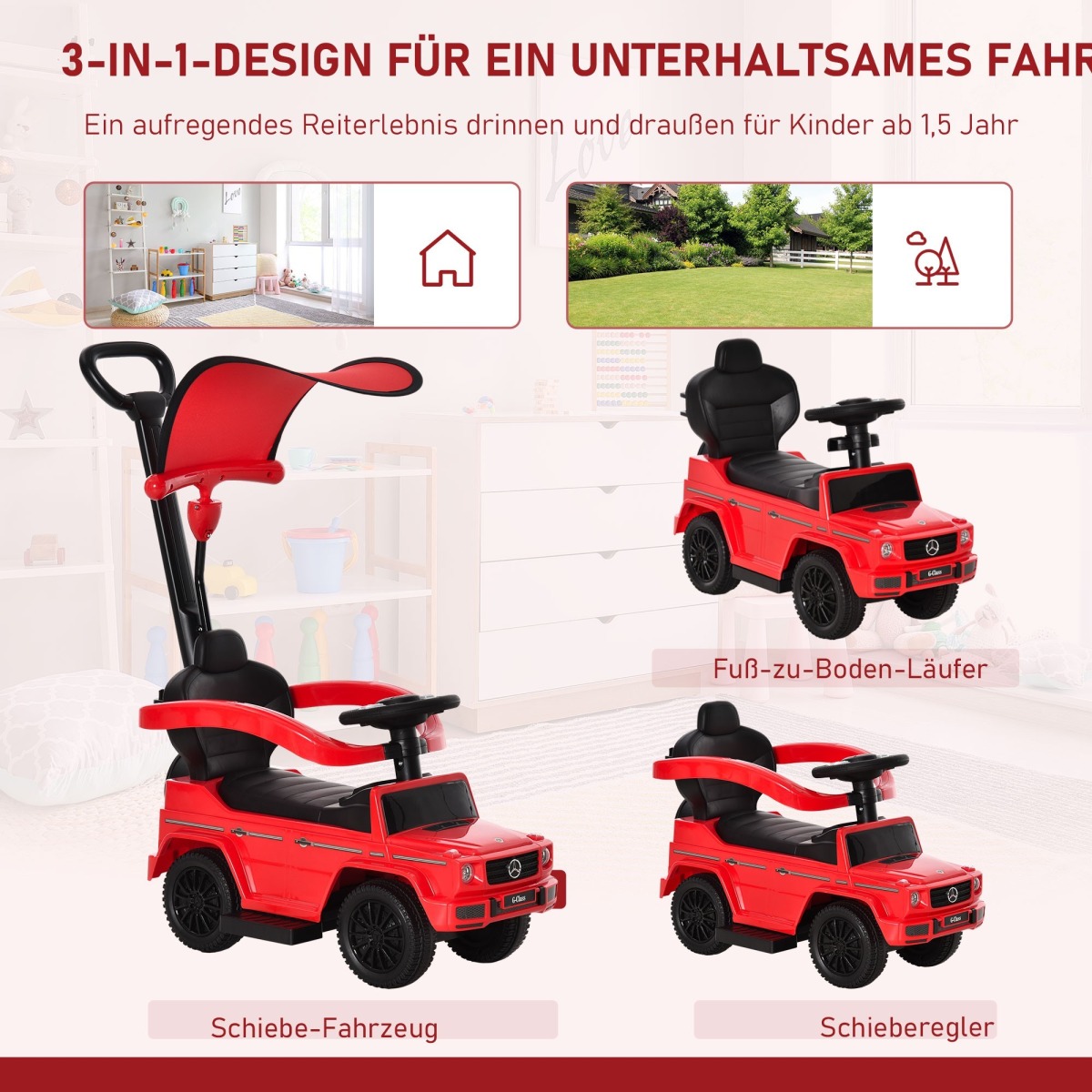 Sarkans 3-in-1 braucamratiņš ar stumšanas rokturi un stūri
