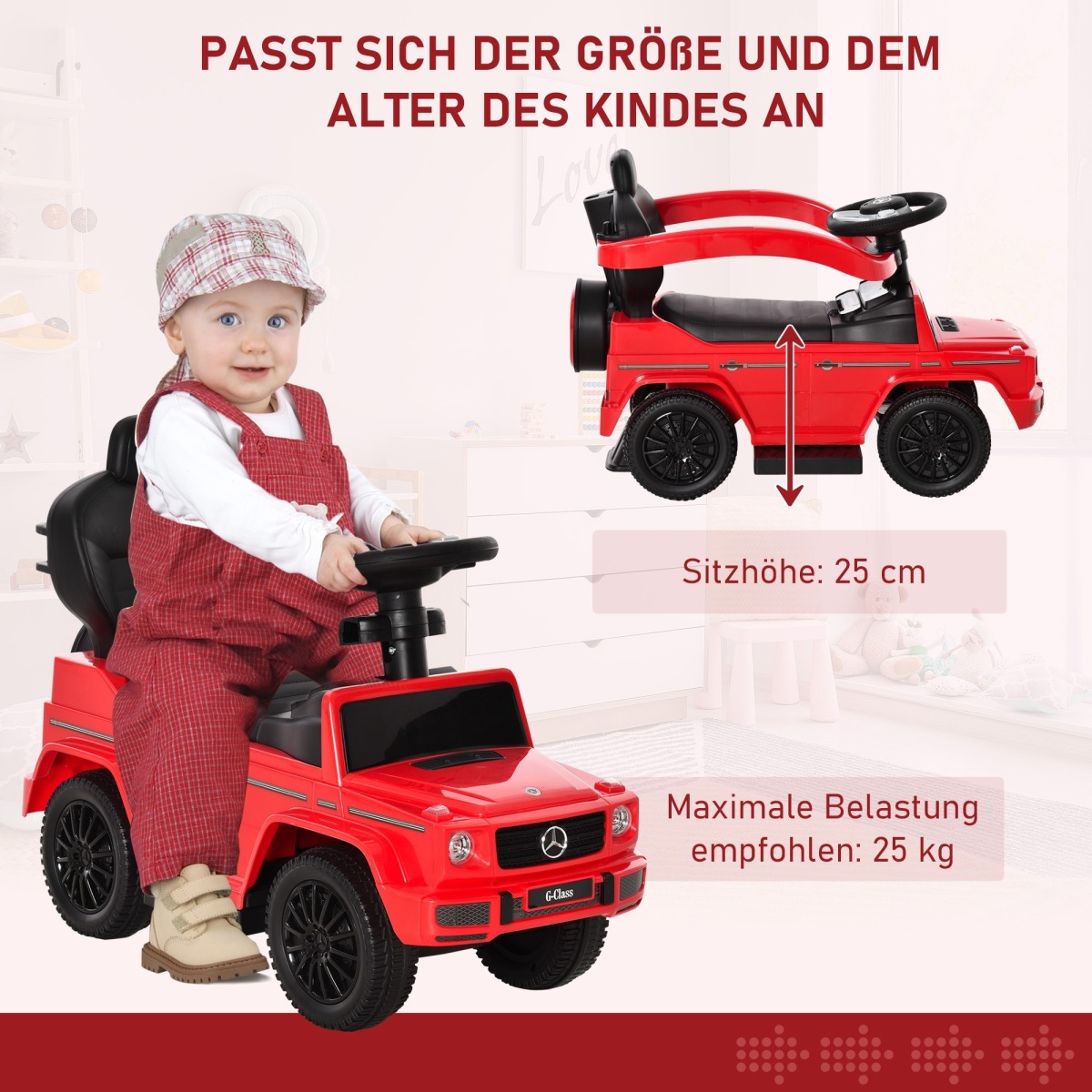 Sarkans 3-in-1 braucamratiņš ar stumšanas rokturi un stūri