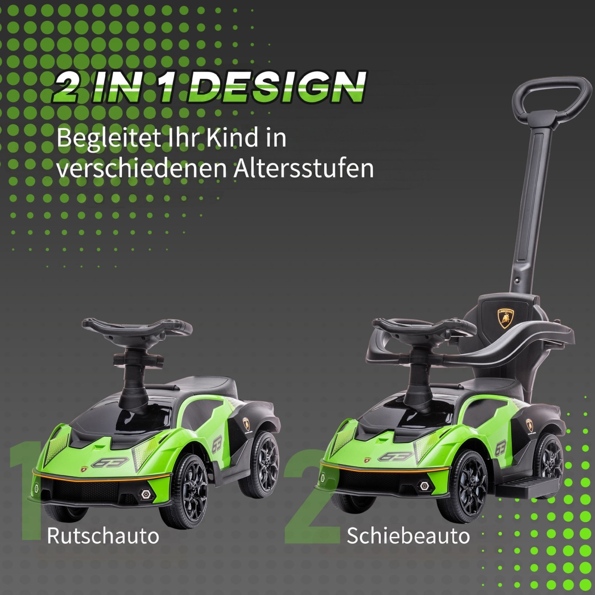 Roheline 2-in-1 lükatav tõukeauto lükkesangaga