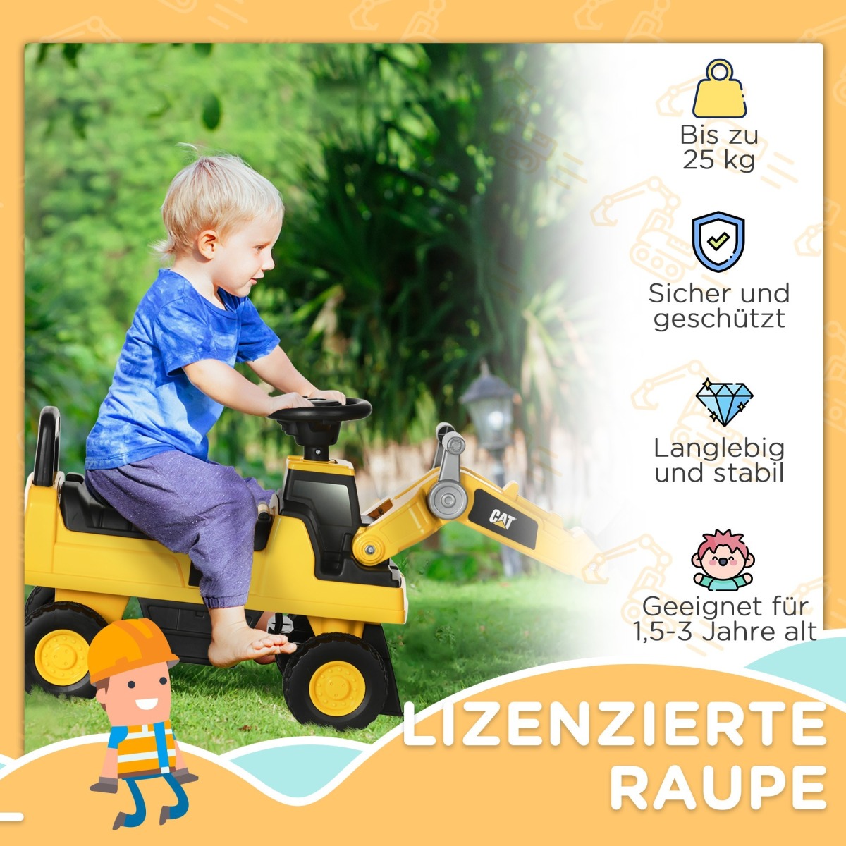 Dzeltens un melns bērnu ekskavators ar kustīgu kausu