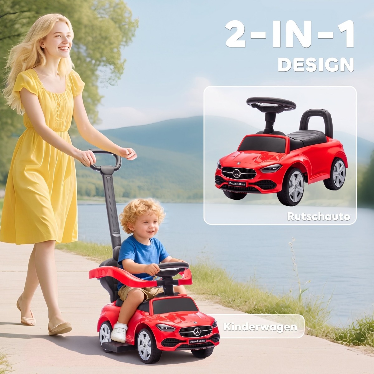 2-in-1 bērnu stumjamais auto Mercedes C-Class ar stumšanas rokturi un drošības barjeru