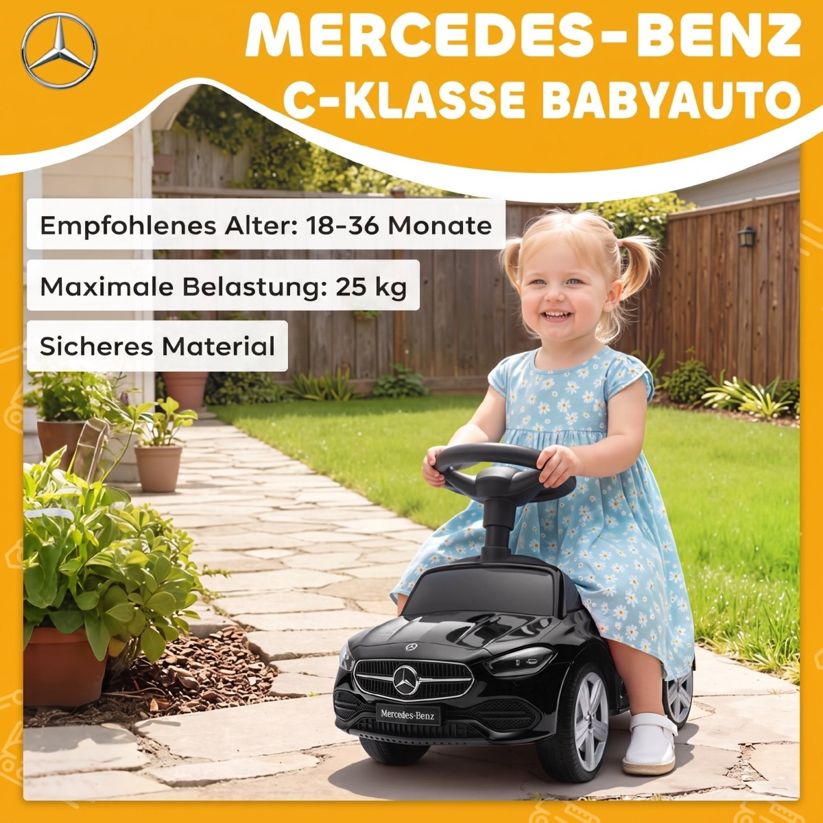 Melns bērnu braucamais auto ar skaņas signālu un uzglabāšanas nodalījumu