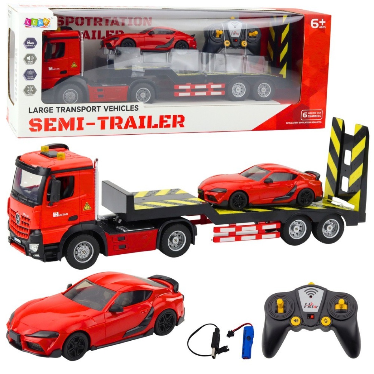 Punane kaugjuhitav autotranspordikomplekt sportautoga 1:16