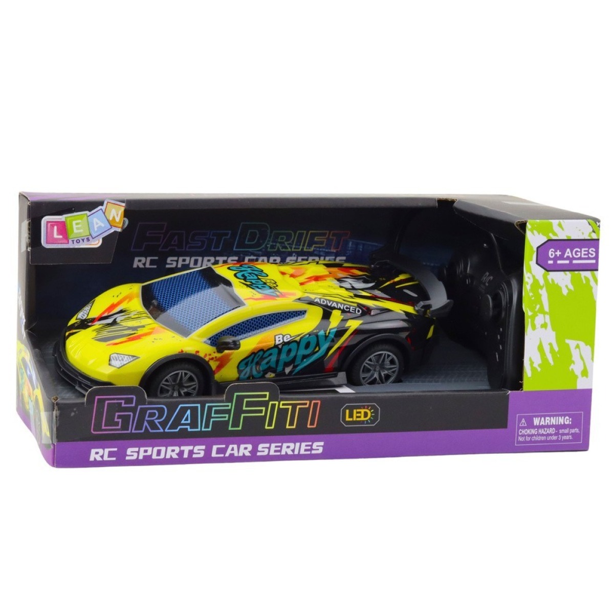 Kollane kaugjuhitav sportauto LED-tuledega, 1:22