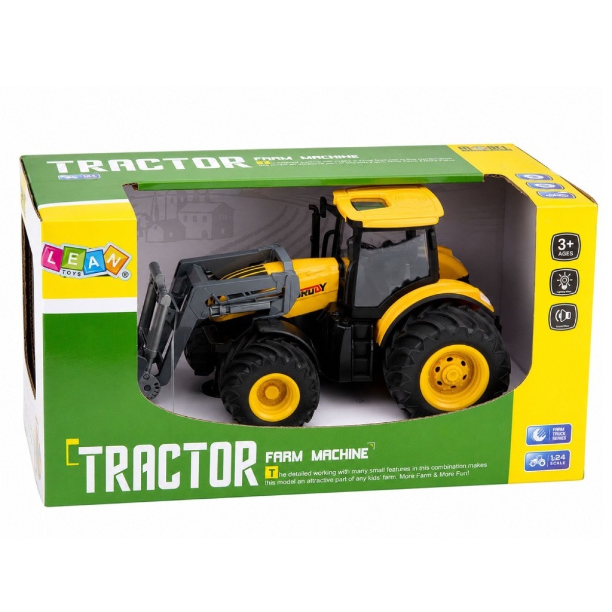Kollane põllutraktor buldooseriga 1:24