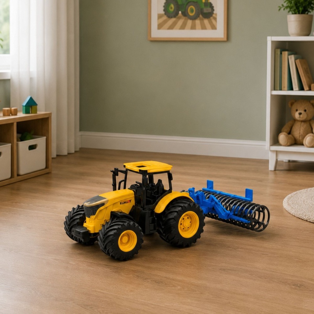 Kollane põllutraktor kultivaatorirulliga 1:24