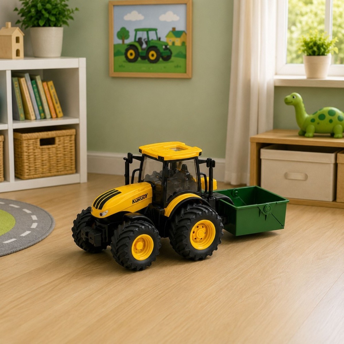 Kollane põllutraktor väetisekülvikuga, tuled ja helid, 1:24
