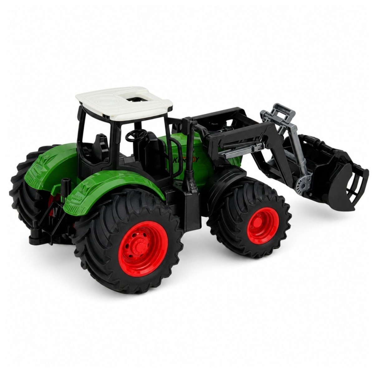 Roheline põllutraktor kummirataste ja esilaaduriga, 1:24