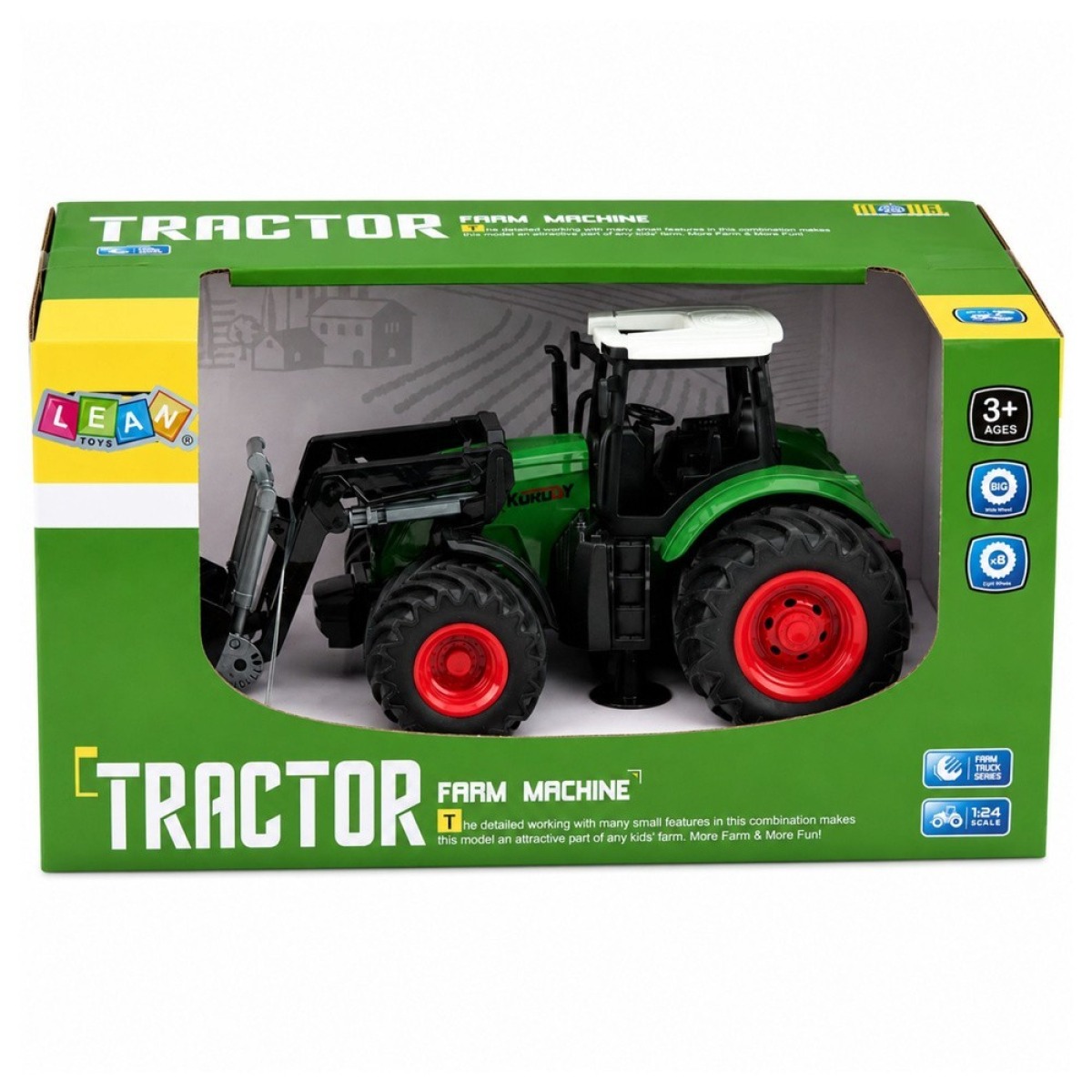 Roheline põllutraktor kummirataste ja esilaaduriga, 1:24
