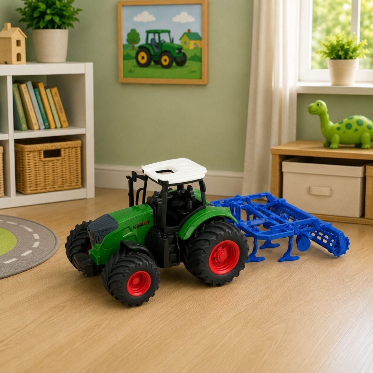 Roheline põllutraktor kultivaatoriga 1:24