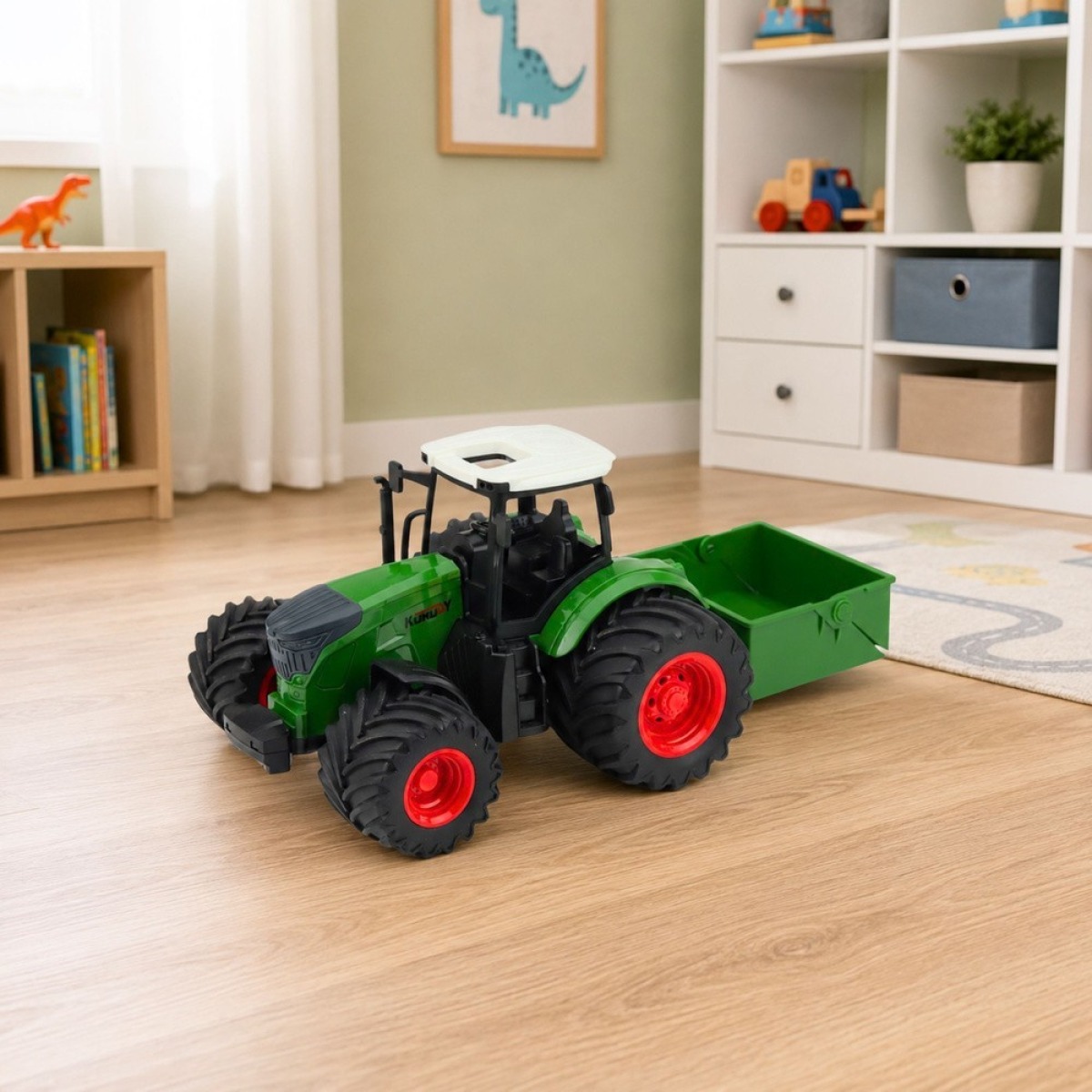 Roheline põllutraktor väetisekülviku ja kummiratastega, 1:24