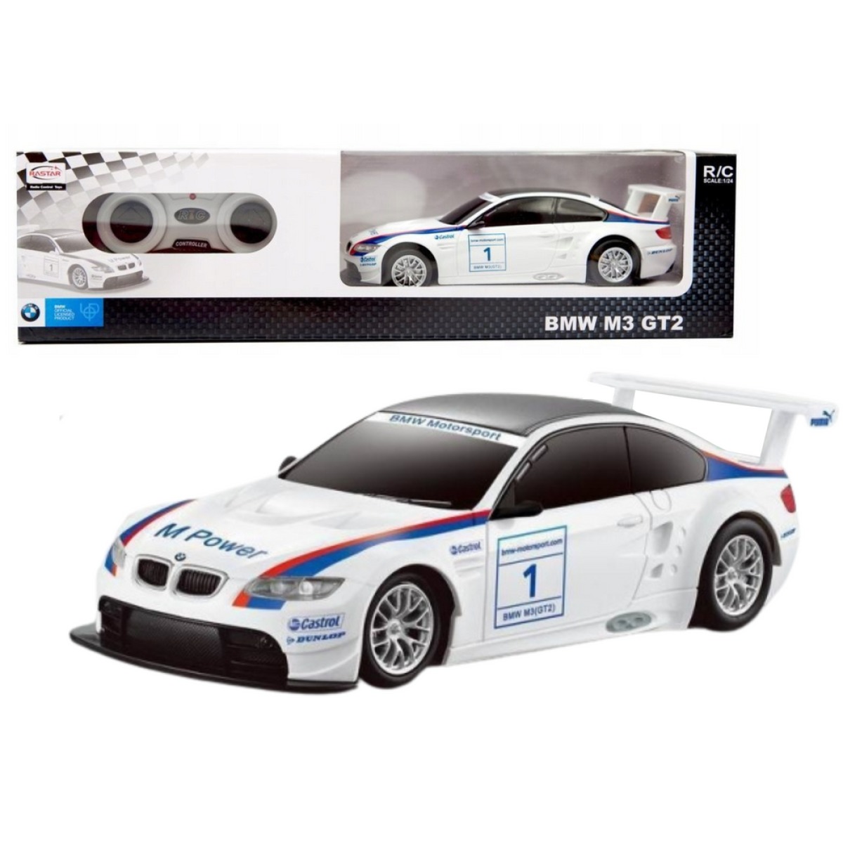 Balts BMW M3 GT2 tālvadības auto, 1:24