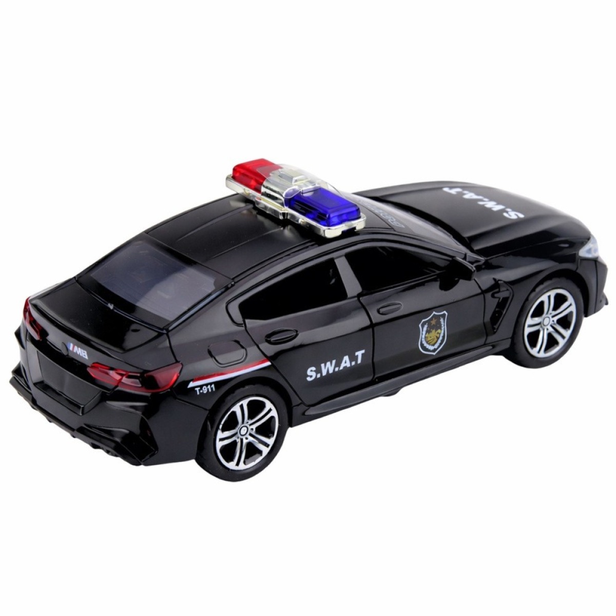 Melna SWAT rotaļu automašīna ar gaismām un atveramām durvīm